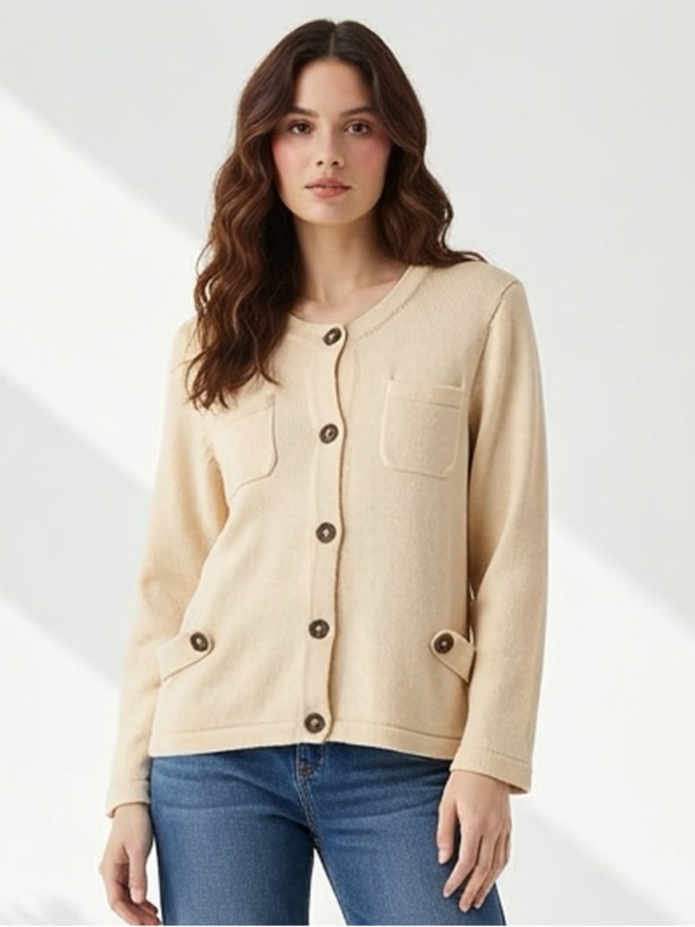 Chaps 100% Cotton Cream Button-Up Cardigan Sweater Size L